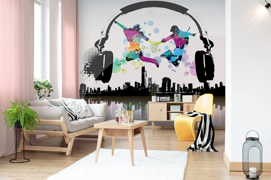 Couple of people jumping in the air with headphones Couple of people jumping in the air with headphones