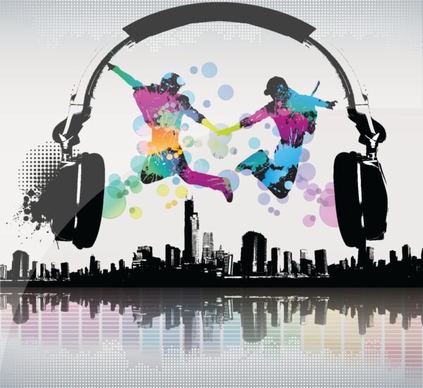 Couple of people jumping in the air with headphones Couple of people jumping in the air with headphones