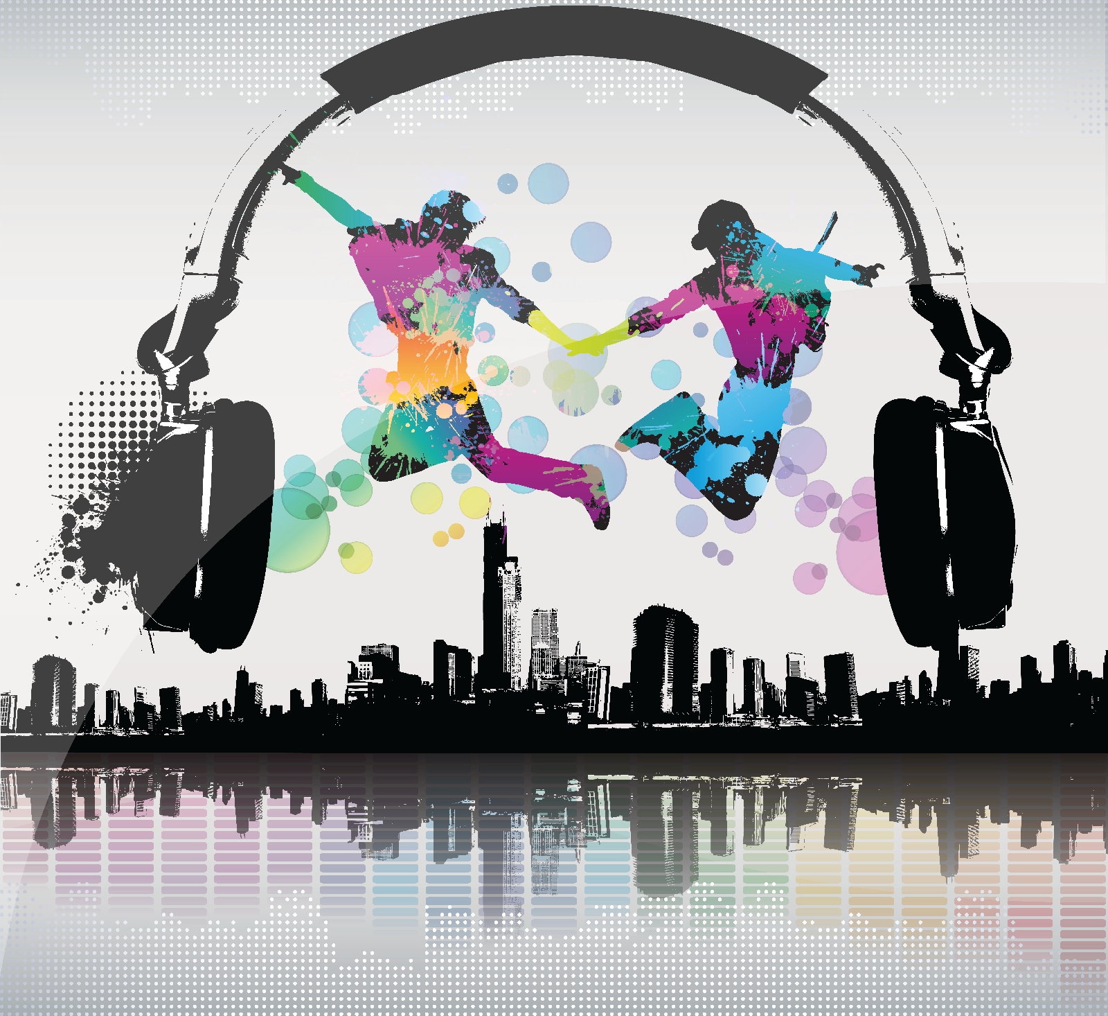 Couple of people jumping in the air with headphones Couple of people jumping in the air with headphones