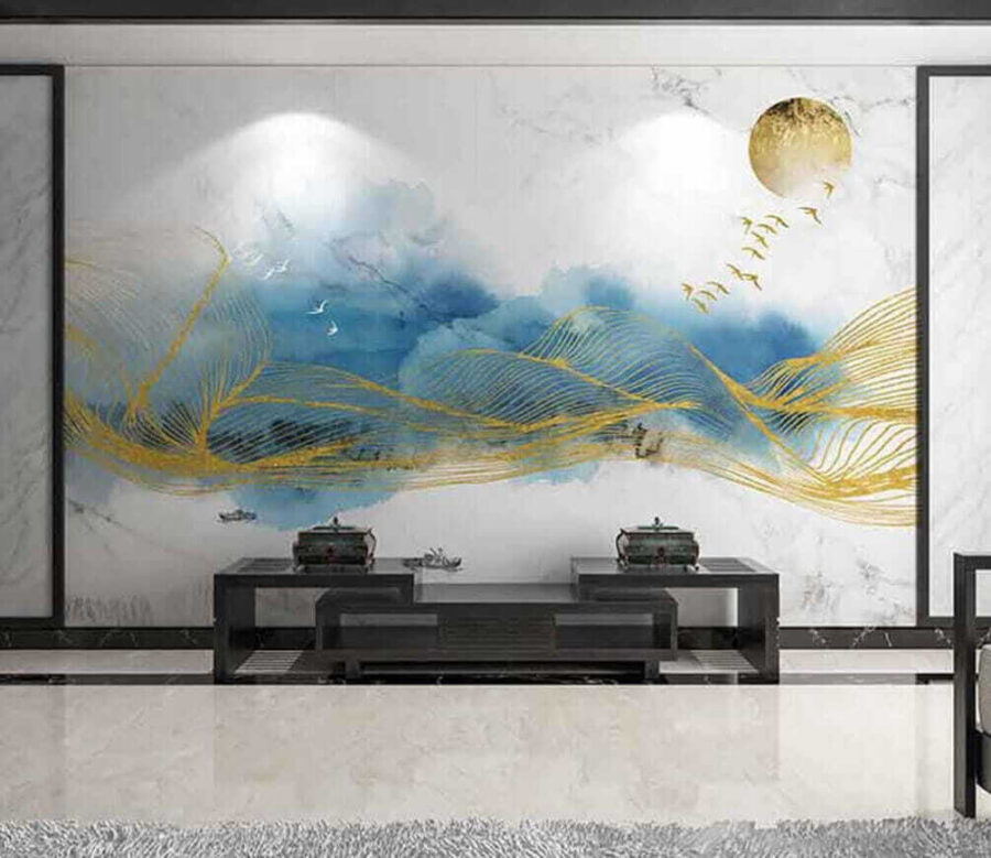 Pintura de olas y pájaros