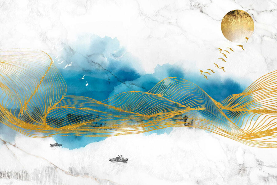 Pintura de olas y pájaros