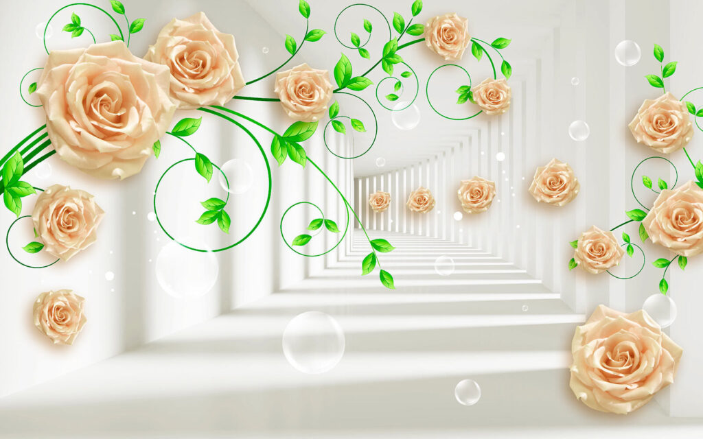 Papel pintado con rosas y hojas Papel pintado con rosas y hojas