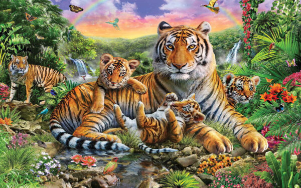 Grupo de tigres tumbados en un río Grupo de tigres tumbados en un río