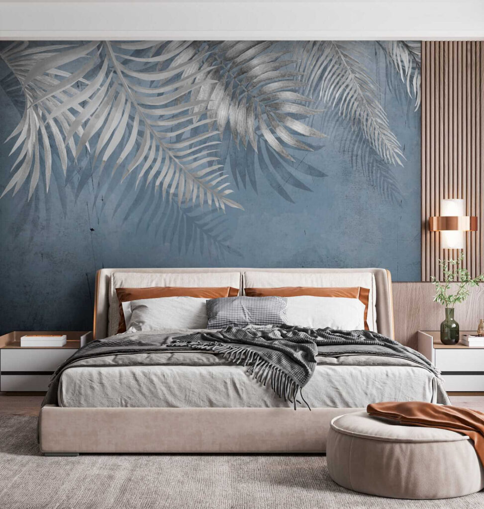 Blue background with silver leaves