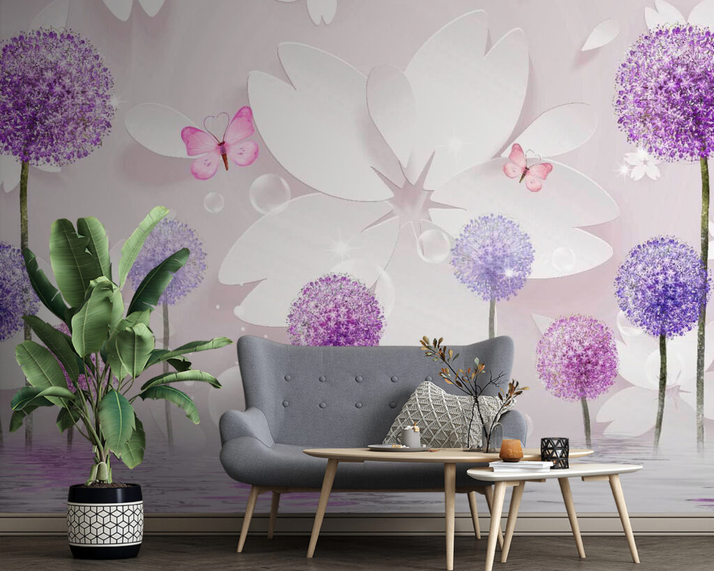 Purple and white flowers with butterflies Purple and white flowers with butterflies