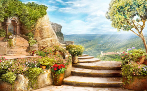 Escaleras de piedra con plantas y árboles a los lados Escaleras de piedra con plantas y árboles a los lados
