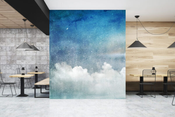 Cielo azul con nubes y luna creciente Cielo azul con nubes y luna creciente