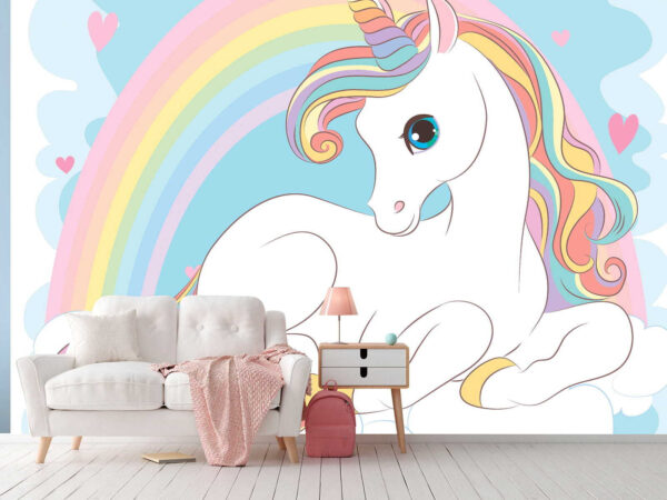 Unicornio sentado en una nube con arco iris y corazones Unicornio sentado en una nube con arco iris y corazones
