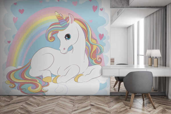 Unicornio sentado en una nube con arco iris y corazones Unicornio sentado en una nube con arco iris y corazones