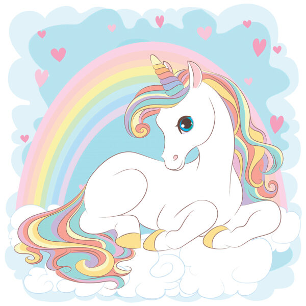 Unicornio sentado en una nube con arco iris y corazones Unicornio sentado en una nube con arco iris y corazones