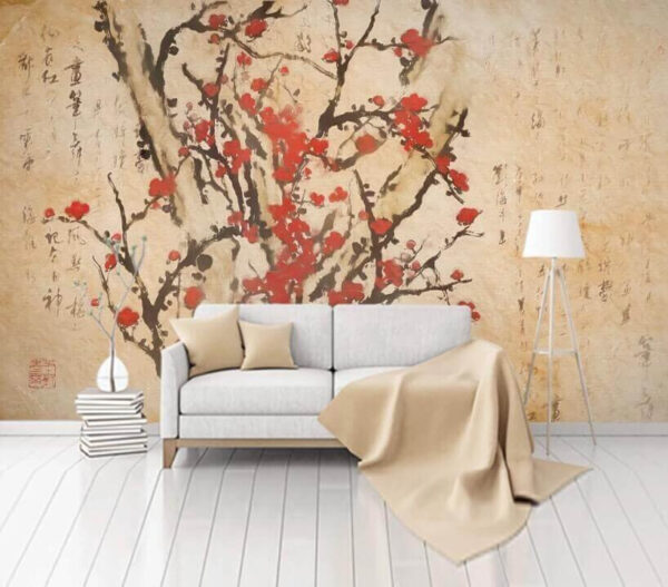 Fotomurales Fotomurales Pintura de un árbol con flores rojas (SKU: u10425)