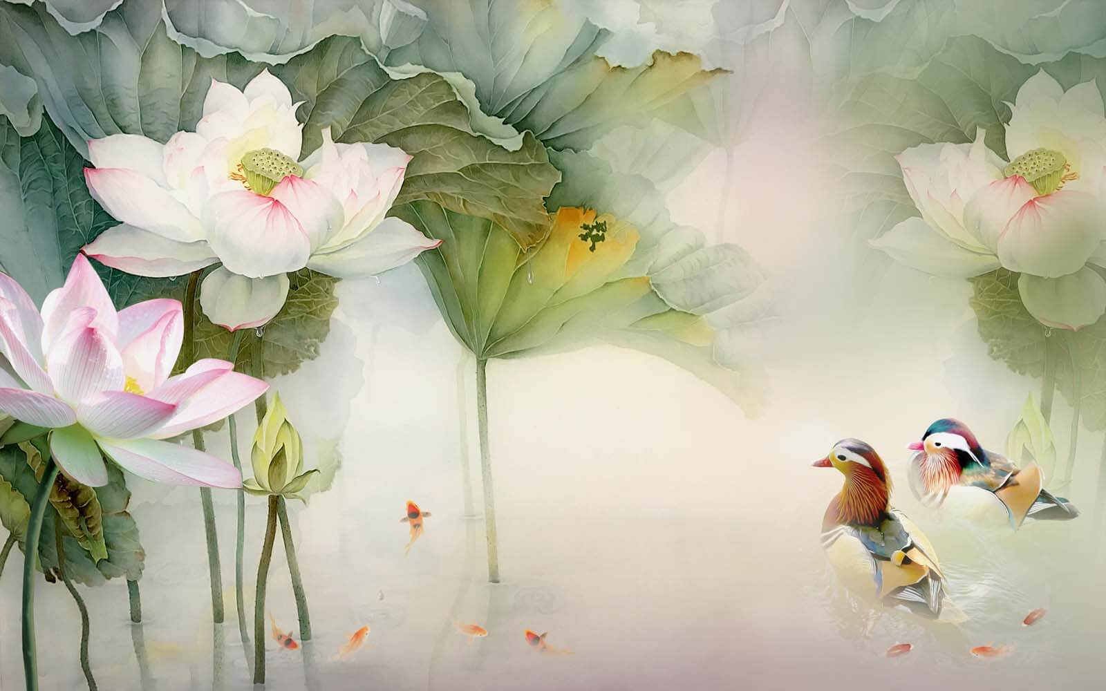 u10109p - Pintura de un pato nadando en un estanque con flores - tegory