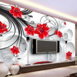 Fotomurales Papel pintado con flores rojas y círculos blancos