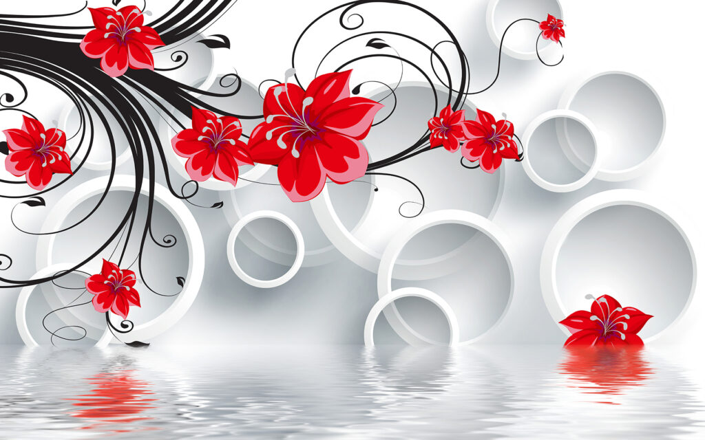 Papel pintado con flores rojas y círculos blancos Papel pintado con flores rojas y círculos blancos