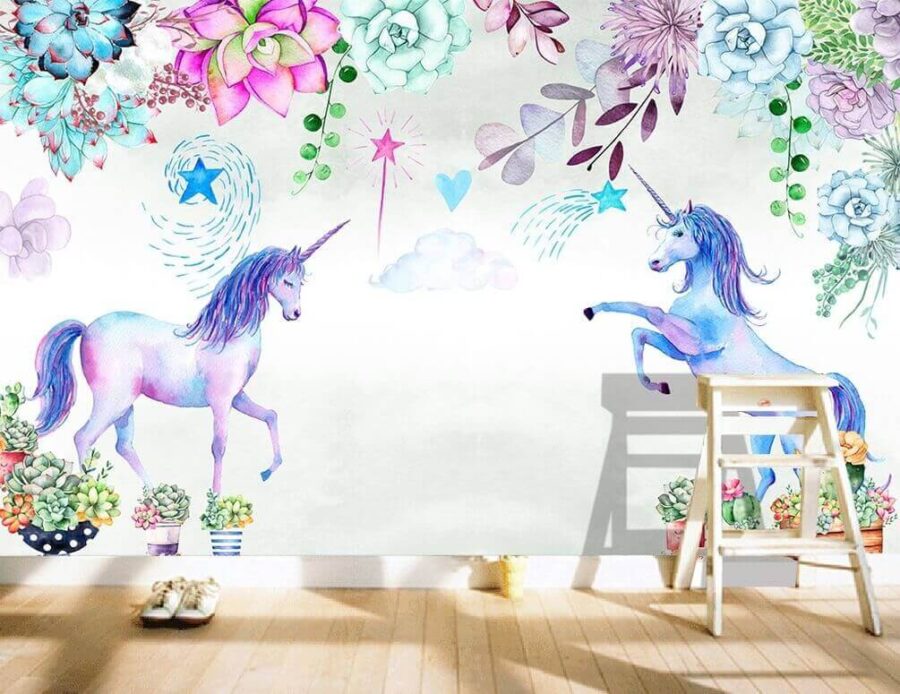 Unicornios y flores de acuarela Unicornios y flores de acuarela