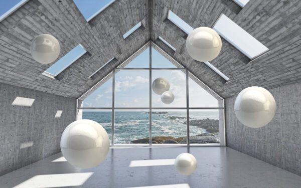 Habitación con bolas blancas flotando en el aire Habitación con bolas blancas flotando en el aire
