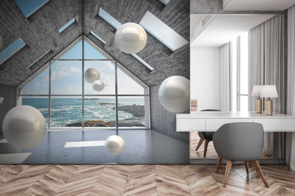 Habitación con bolas blancas flotando en el aire Habitación con bolas blancas flotando en el aire