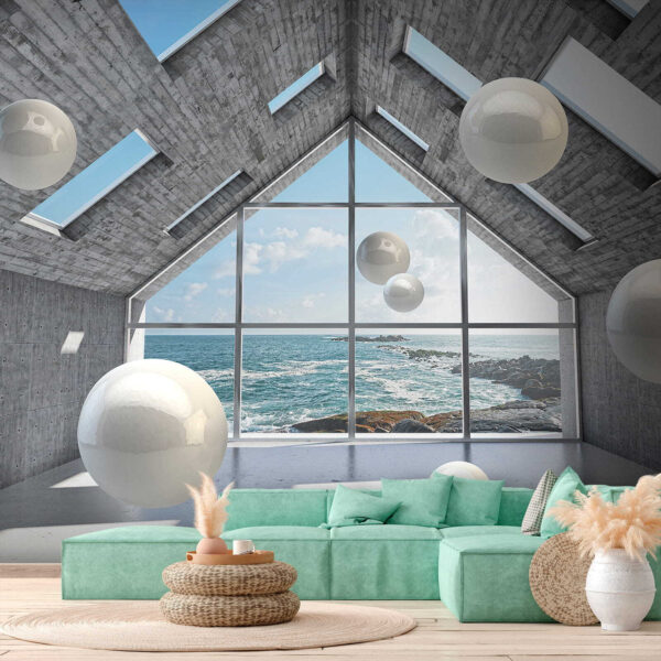 Habitación con bolas blancas flotando en el aire Habitación con bolas blancas flotando en el aire