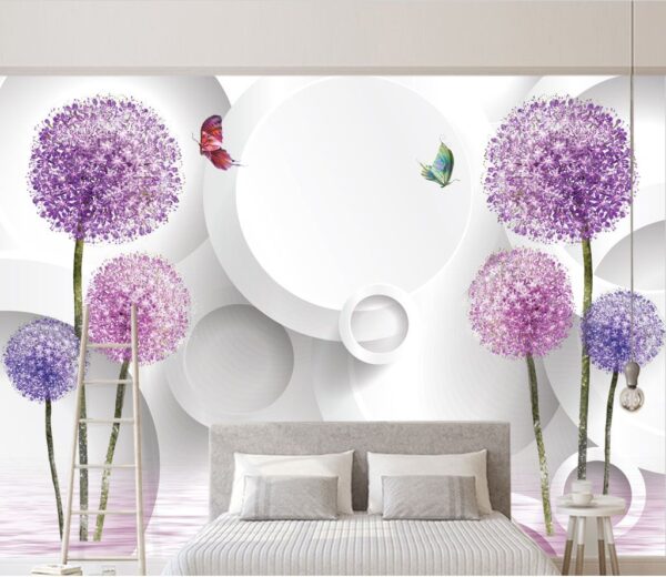 Papel pintado con flores moradas y mariposas Papel pintado con flores moradas y mariposas
