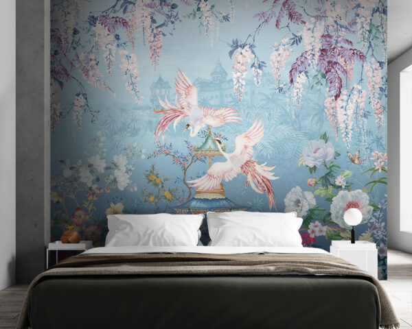 Fotomurales Fotomurales Pintura de pájaros volando sobre una pagoda y flores (SKU: u01374)