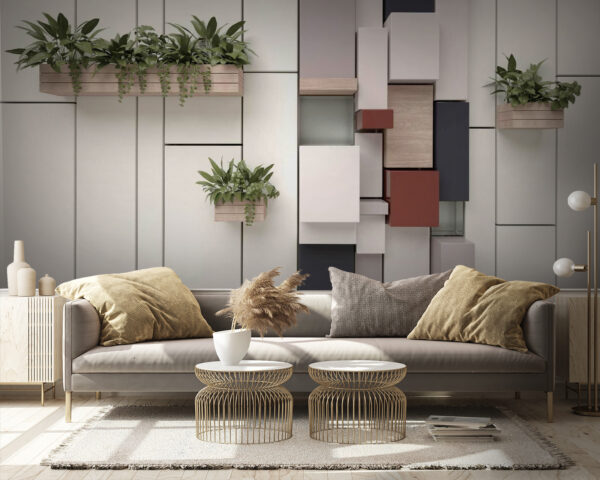 Pared con plantas y cajas Pared con plantas y cajas