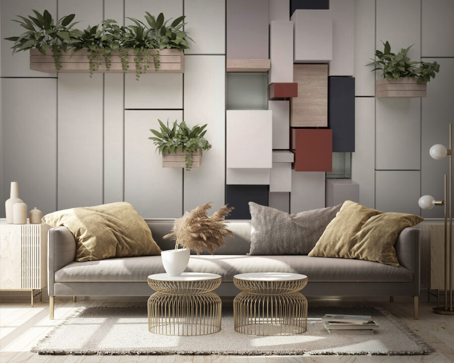 Fotomurales Pared con plantas y cajas
