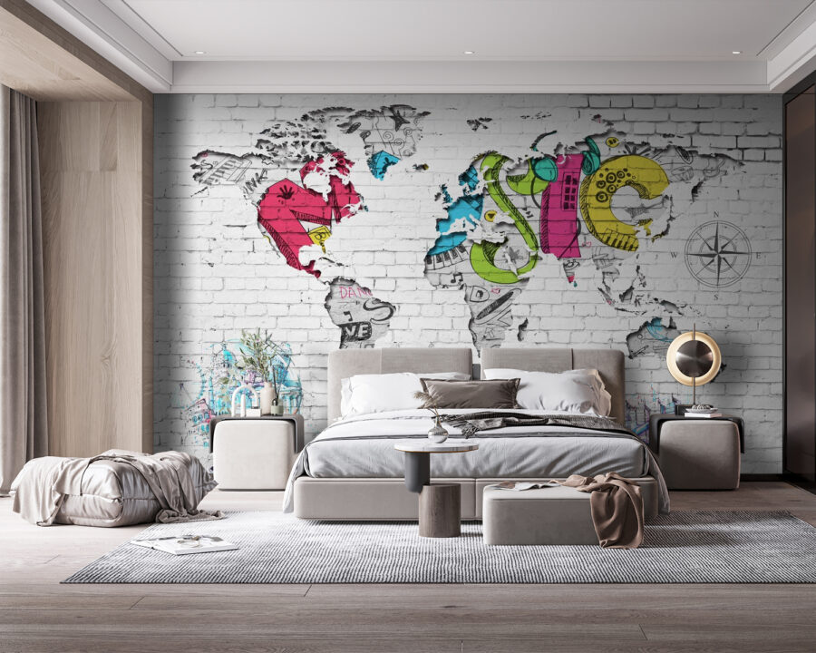 Mapa del mundo pintado en una pared de ladrillo