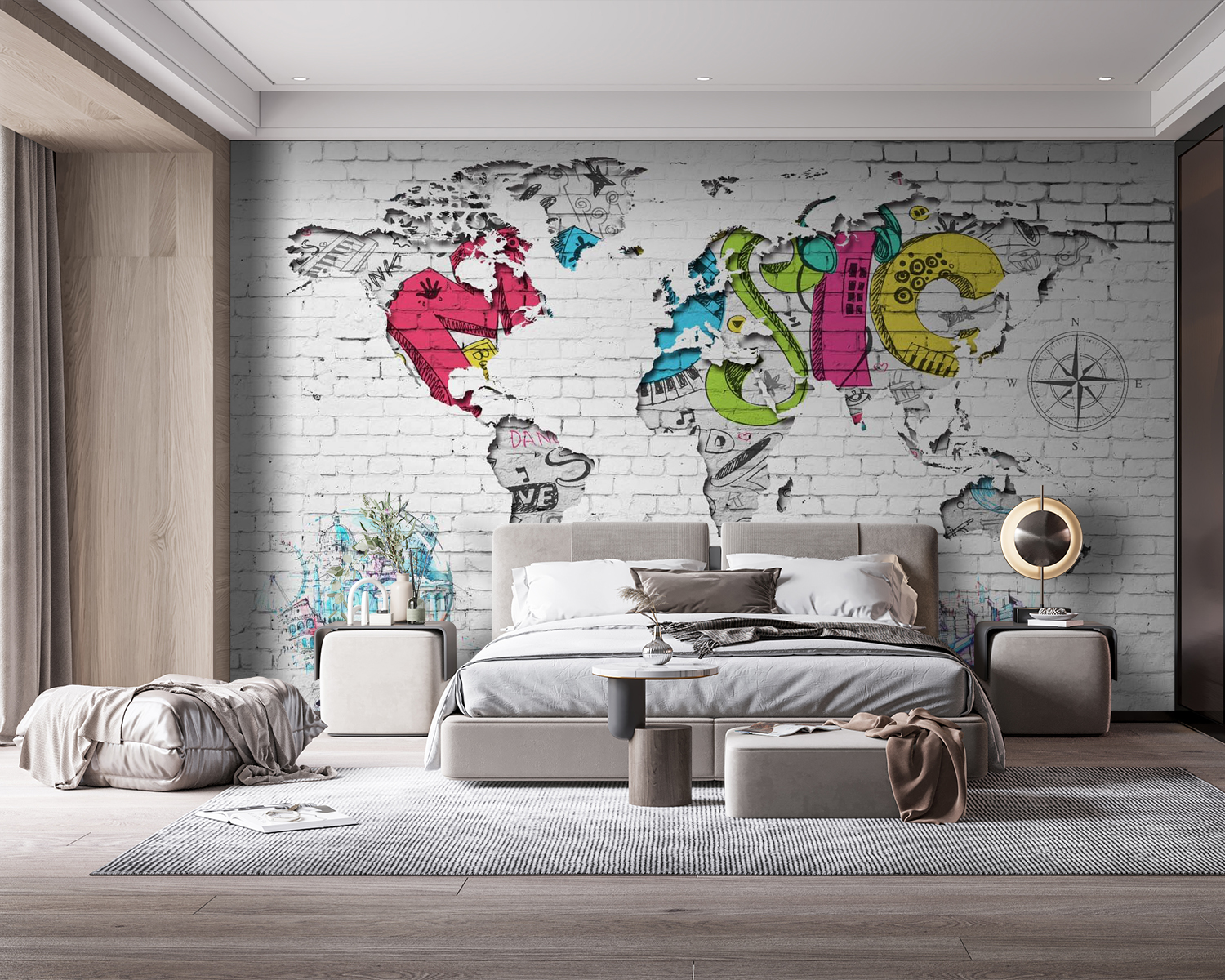 Map of the world painted on a brick wall