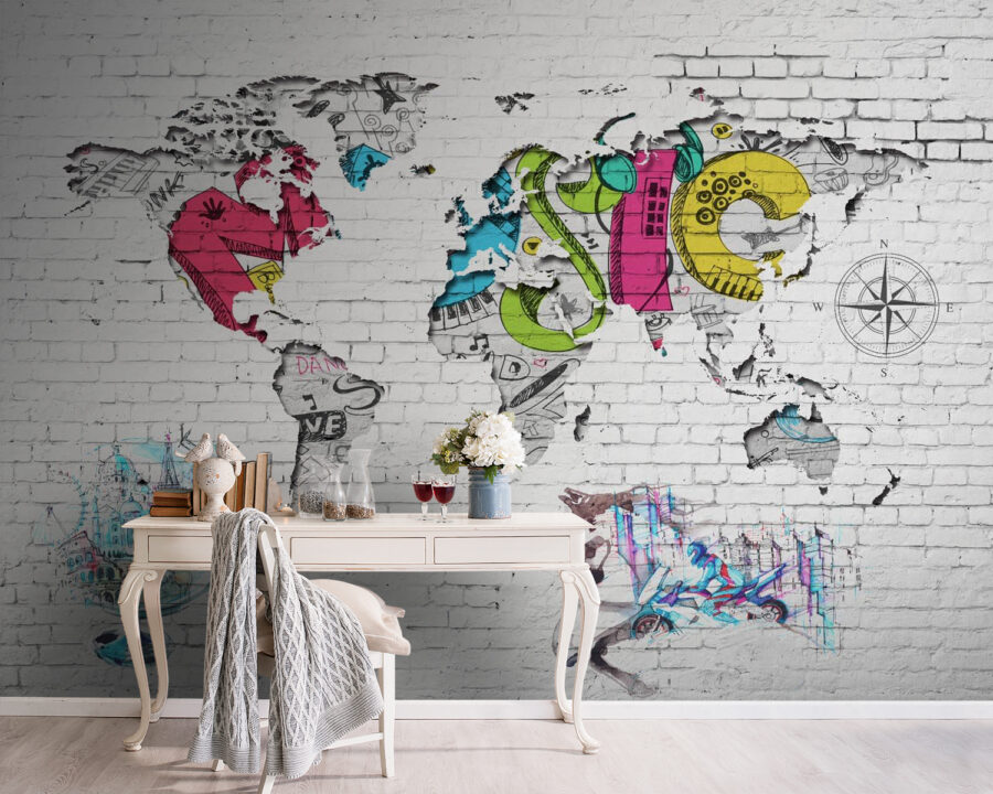 Mapa del mundo pintado en una pared de ladrillo