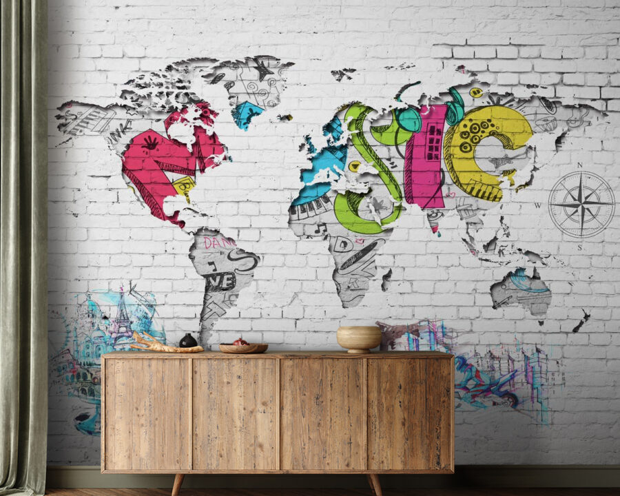 Mapa del mundo pintado en una pared de ladrillo