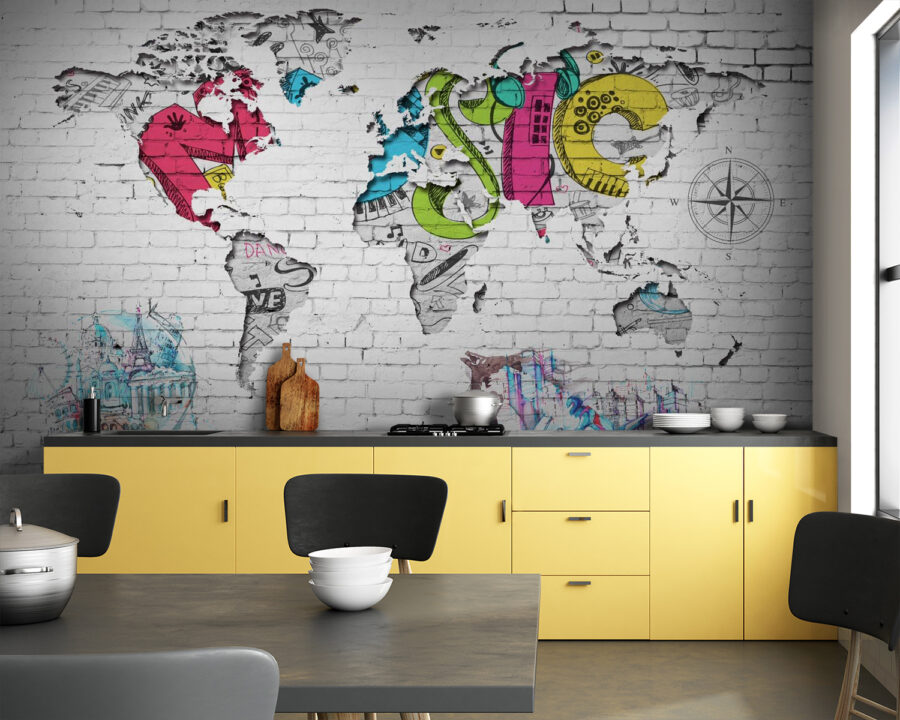 Mapa del mundo pintado en una pared de ladrillo