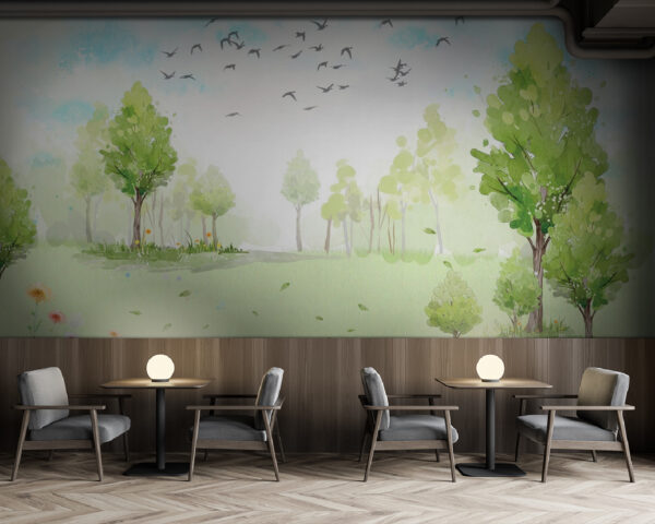 Fotomurales Campo verde con árboles y pájaros volando en el cielo (SKU: u02064) Fotomurales Fotomurales Campo verde con árboles y pájaros volando en el cielo (SKU: u02064)