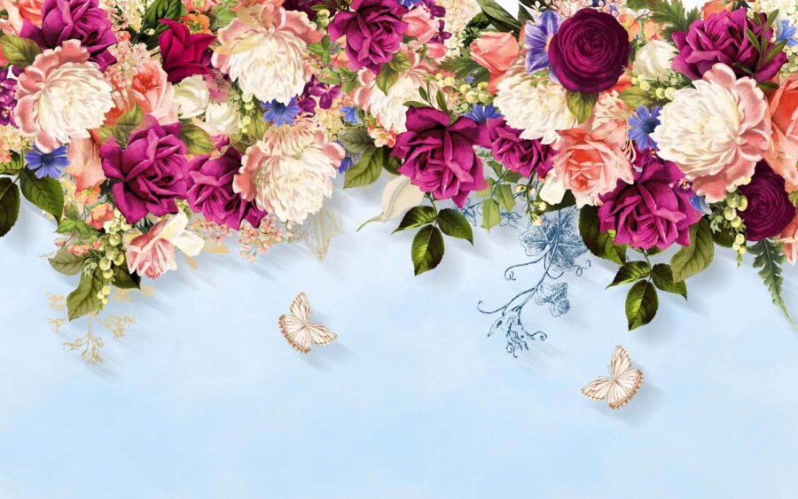 Grupo de flores con mariposas