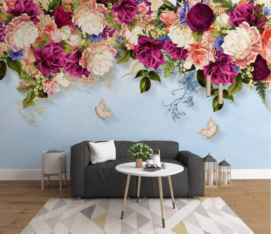 Grupo de flores con mariposas