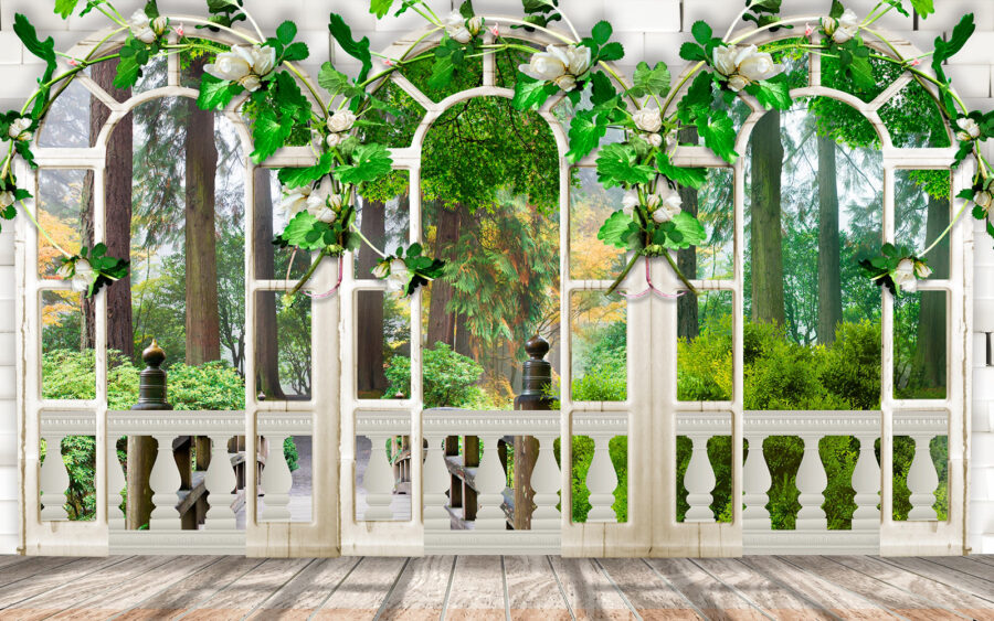 Puerta blanca con flores blancas y hojas verdes