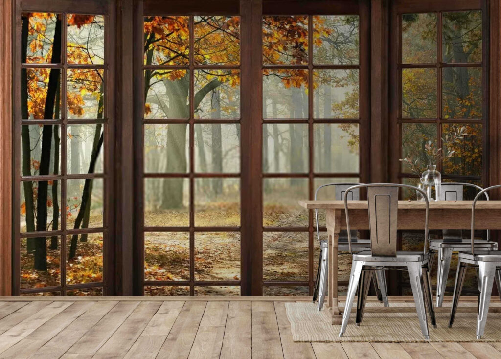 Window with trees and a path through it Window with trees and a path through it