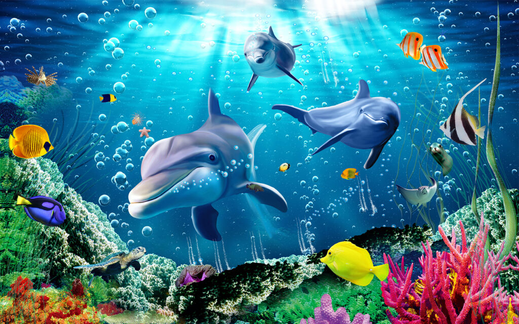 Grupo de delfines nadando en el agua Grupo de delfines nadando en el agua
