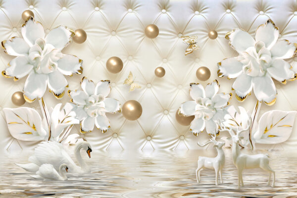 Papel pintado con flores blancas y cisnes Papel pintado con flores blancas y cisnes