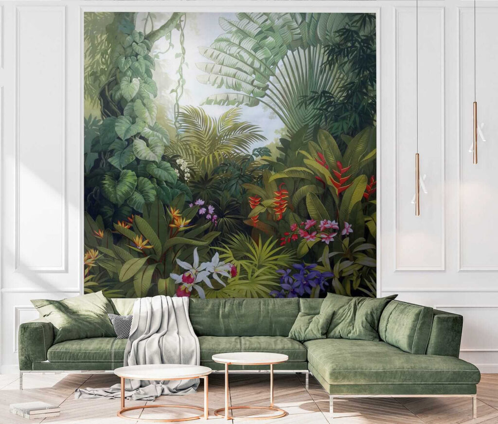 Painting of a forest with flowers