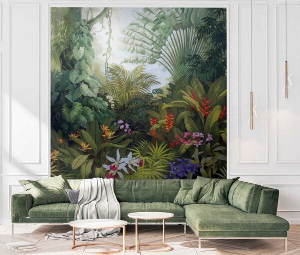 Painting of a forest with flowers