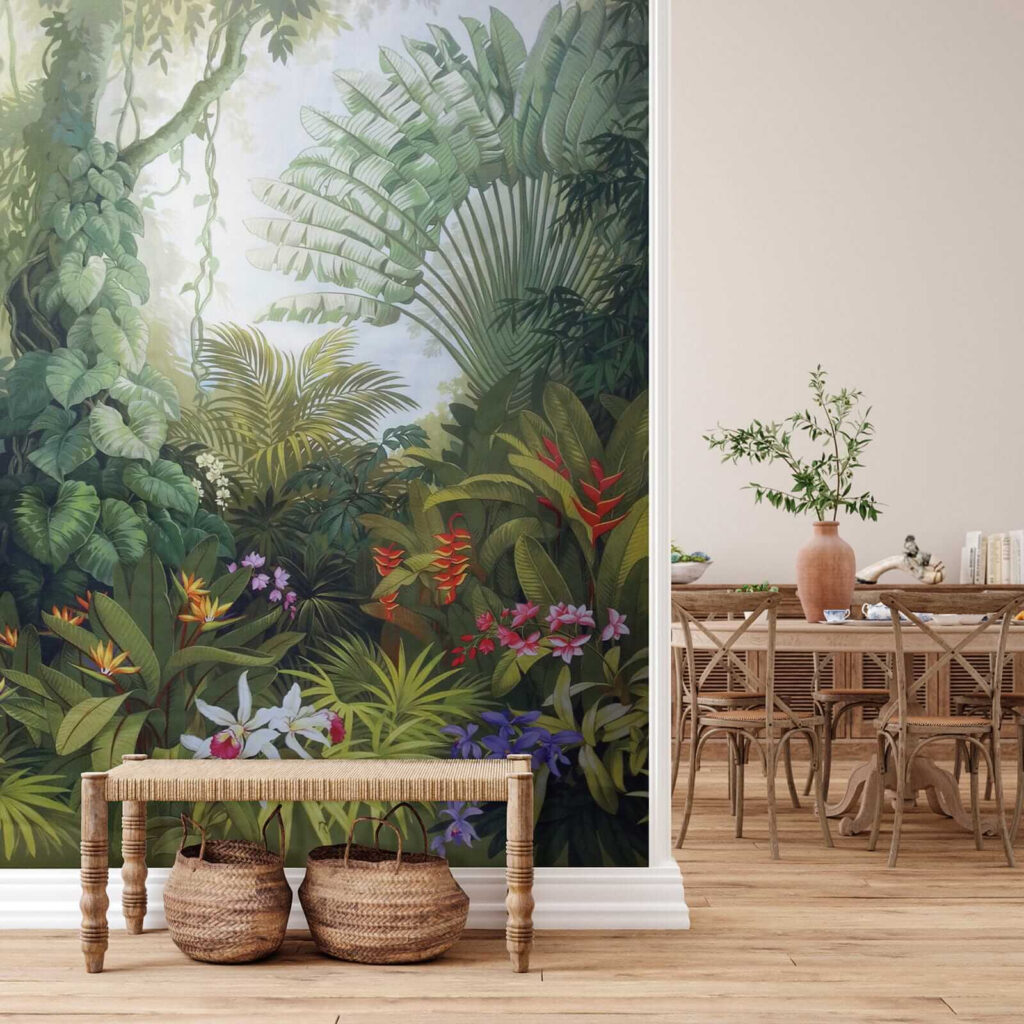 Painting of a forest with flowers