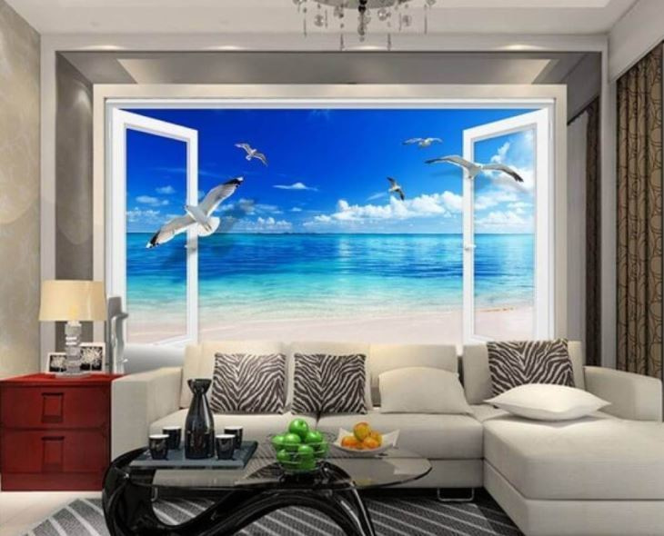 Una ventana con pájaros volando
