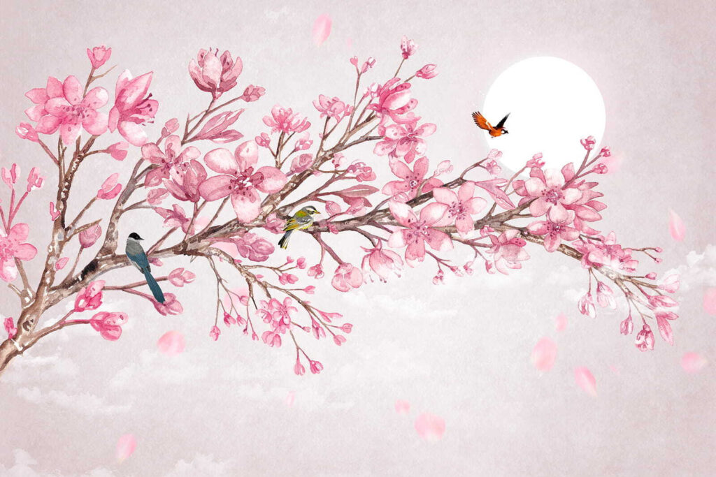 Painting of a branch with pink flowers and birds