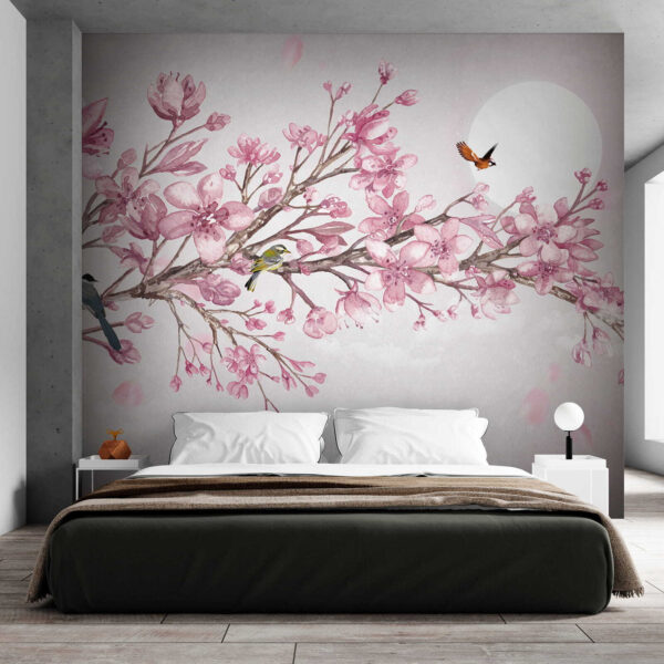 Painting of a branch with pink flowers and birds