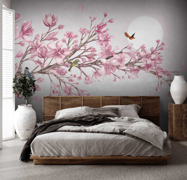 Painting of a branch with pink flowers and birds