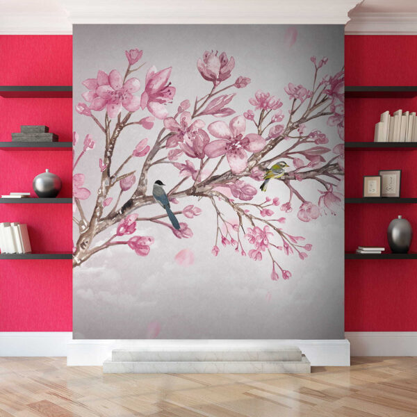 Painting of a branch with pink flowers and birds