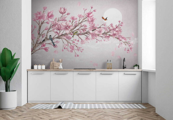 Painting of a branch with pink flowers and birds