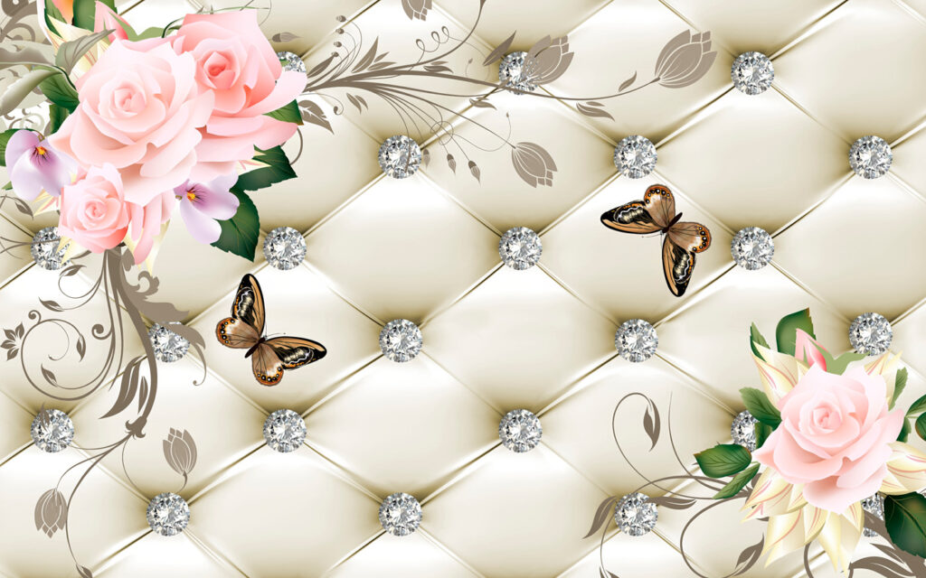 Wallpaper with flowers and butterflies