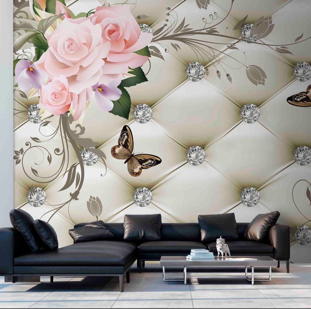 Wallpaper with flowers and butterflies