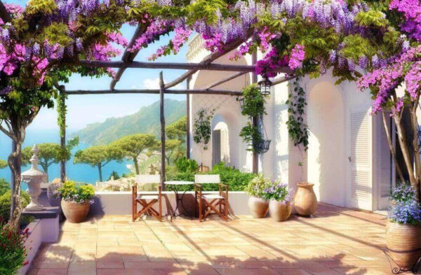 Patio con flores y plantas moradas Patio con flores y plantas moradas